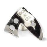 A metal fingerpick with 'Dunlop' branding on a white background