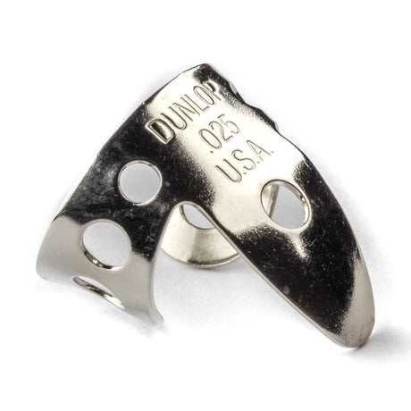 A metal fingerpick with 'Dunlop' branding on a white background