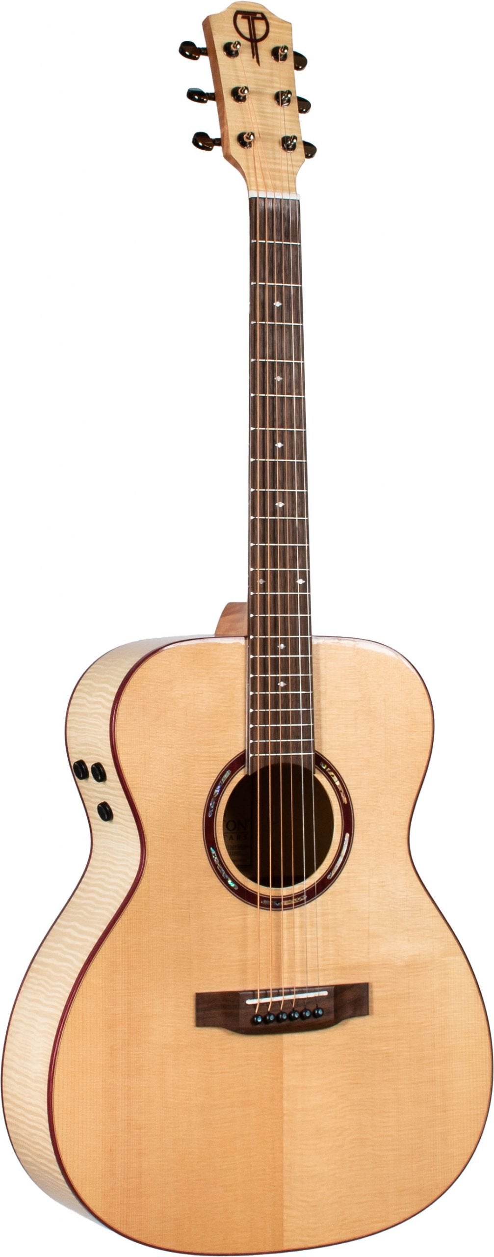 The image shows an acoustic-electric guitar with a natural light wood dreadnought body, built-in side controls, and a branded headstock. It has six black tuning pegs (3+3), a dark wood fretboard with metal frets, a round sound hole with a decorative rosette, and a fixed bridge. The guitar features visible wood grain, edge binding, and clean craftsmanship, suitable for both unplugged and amplified playing.