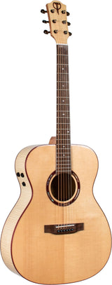 The image shows an acoustic-electric guitar with a natural light wood dreadnought body, built-in side controls, and a branded headstock. It has six black tuning pegs (3+3), a dark wood fretboard with metal frets, a round sound hole with a decorative rosette, and a fixed bridge. The guitar features visible wood grain, edge binding, and clean craftsmanship, suitable for both unplugged and amplified playing.