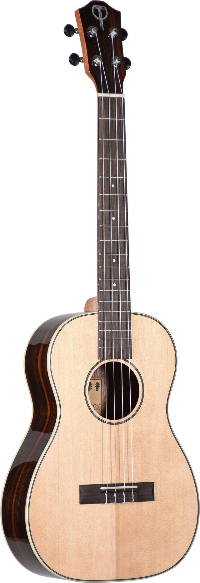 The image shows a concert or tenor-sized ukulele with four strings and four geared tuning pegs. It has a light-colored spruce top with a natural finish, dark laminated wood back and sides with visible grain, a fretted neck with dot markers, a small round sound hole with a decorative rosette, a bridge with four string slots, and a traditional figure-8 body shape. The instrument features quality craftsmanship and an attractive wood contrast.