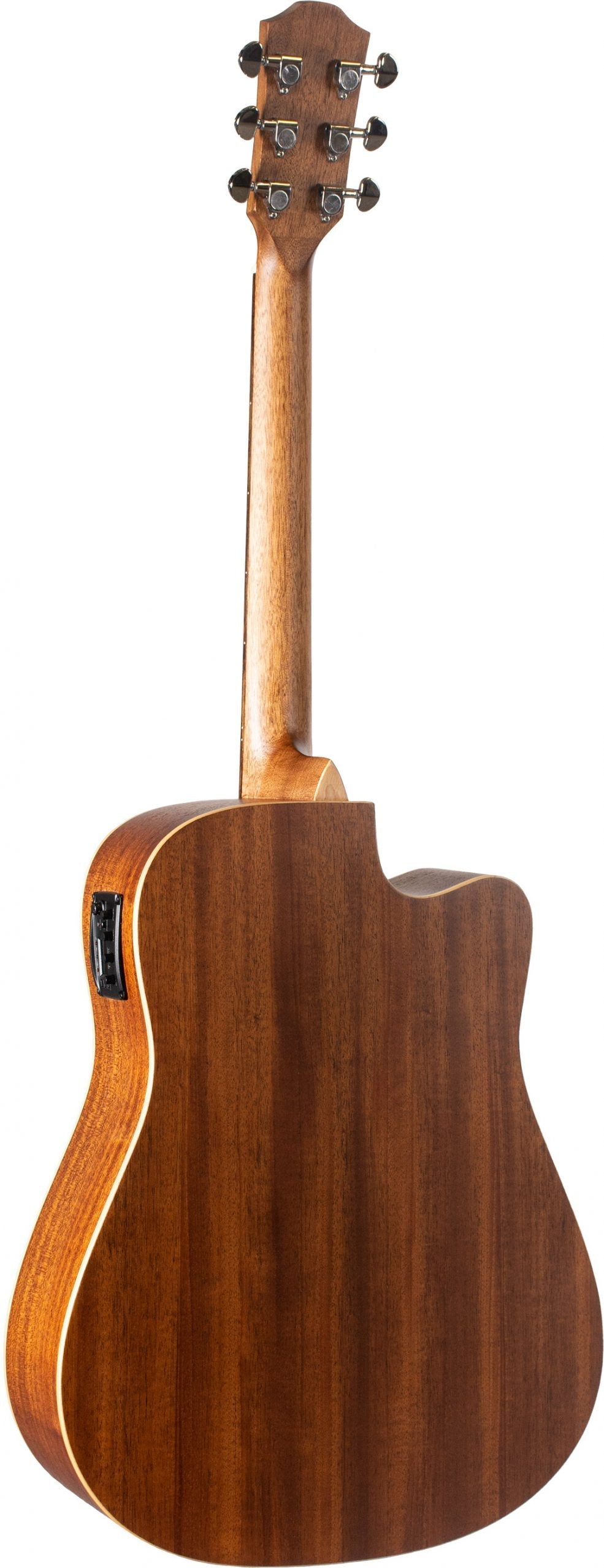The image shows the back of a cutaway acoustic-electric guitar with a glossy finish. It features a 3+3 black-tuned headstock, a wooden neck, and a large body made of dark wood with visible grain, likely mahogany or rosewood. Light-colored binding outlines the edges. A side-mounted pickup/preamp system indicates its electric capability, making it suitable for both acoustic and amplified play.
