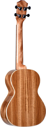 The image shows the back and headstock of a well-crafted ukulele with a polished wooden body featuring natural grain and light-colored binding. The headstock has a classic curved shape with four black tuning pegs, two on each side. The size and finish suggest a concert or tenor ukulele, likely a mid-range to higher-end acoustic model suitable for beginner to intermediate players.