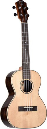 The image shows a concert or tenor ukulele with a light spruce top, dark rosewood back and sides, and a dark fretboard with white markers. It has four black tuning pegs, a traditional figure-8 body with a sound hole featuring a visible pickup system, indicating it is an acoustic-electric model. The black bridge anchors the strings, and the quality materials and finish suggest a mid to high-end instrument.