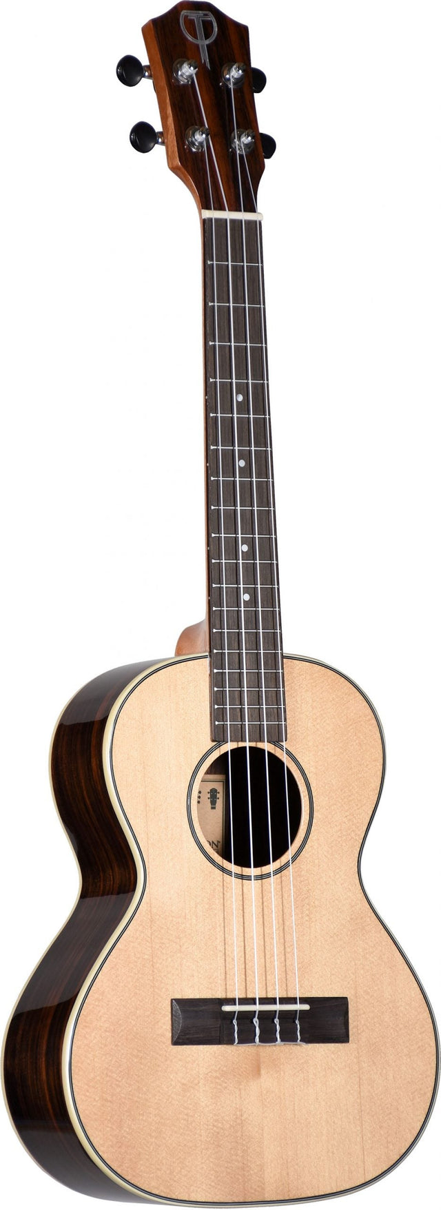 The image shows a concert or tenor ukulele with a light spruce top, dark rosewood back and sides, and a dark fretboard with white markers. It has four black tuning pegs, a traditional figure-8 body with a sound hole featuring a visible pickup system, indicating it is an acoustic-electric model. The black bridge anchors the strings, and the quality materials and finish suggest a mid to high-end instrument.