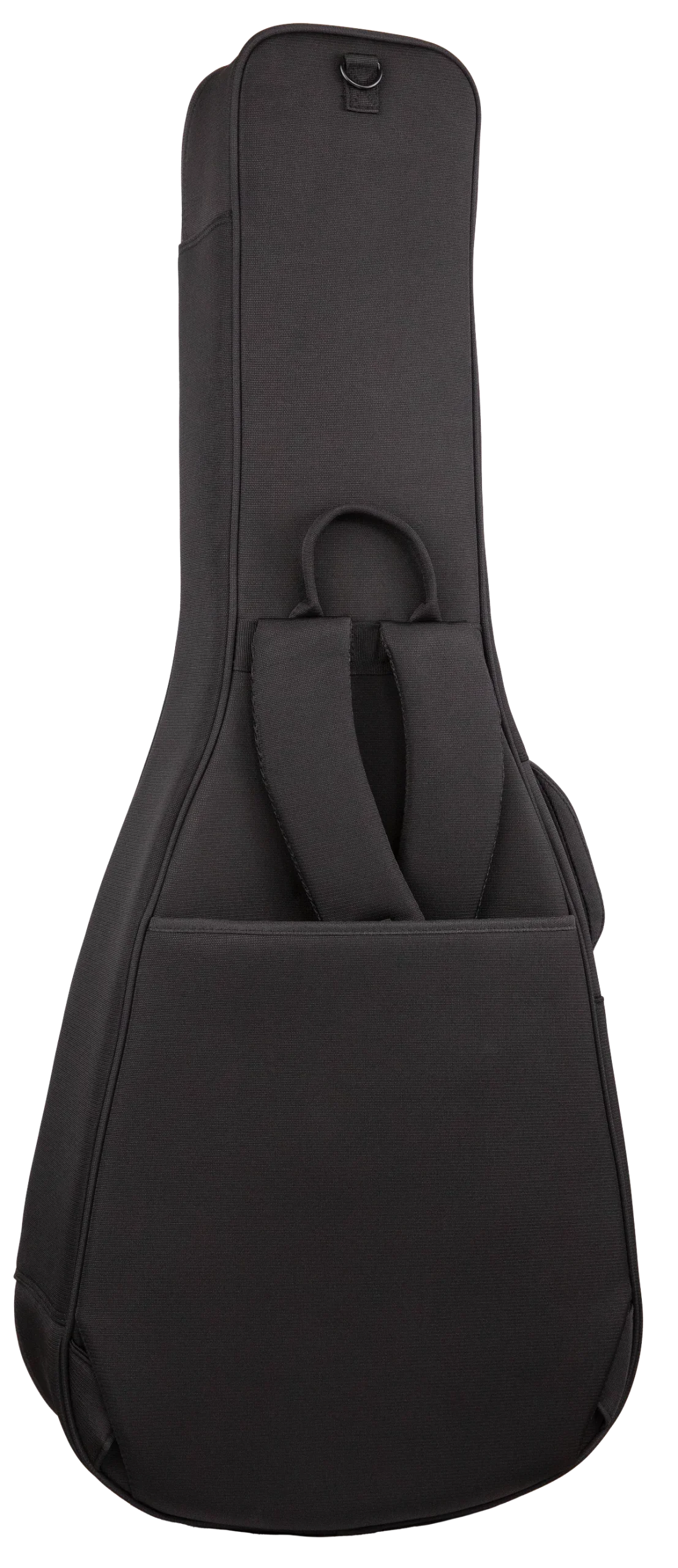 The image shows a black padded guitar gig bag with a textured fabric exterior and dual carrying handles. It has a guitar-shaped silhouette suitable for acoustic or electric guitars, a zippered closure, and a small D-ring at the top. This lightweight, protective soft case is popular among musicians for easy transport and protection during travel to gigs, lessons, or practice.