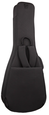 The image shows a black padded guitar gig bag with a textured fabric exterior and dual carrying handles. It has a guitar-shaped silhouette suitable for acoustic or electric guitars, a zippered closure, and a small D-ring at the top. This lightweight, protective soft case is popular among musicians for easy transport and protection during travel to gigs, lessons, or practice.