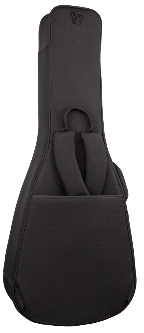 The image shows a black padded guitar gig bag with a textured fabric exterior and dual carrying handles. It has a guitar-shaped silhouette suitable for acoustic or electric guitars, a zippered closure, and a small D-ring at the top. This lightweight, protective soft case is popular among musicians for easy transport and protection during travel to gigs, lessons, or practice.