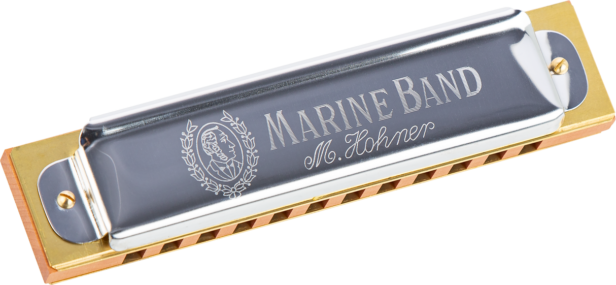 The image shows a Hohner Marine Band harmonica with a traditional wooden comb, gray/silver cover plates featuring the "MARINE BAND" text, the Hohner logo with a portrait, and "M. Hohner" script. It has a classic diatonic design with visible reed chambers. The harmonica, popular since 1896 among blues, folk, and country musicians, is photographed against a white background.