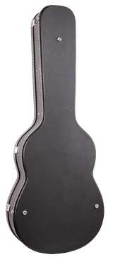 The image shows a black hard case designed for acoustic guitars, featuring a classic figure-eight shape with an elongated neck. It has a textured exterior, chrome metal hardware including latches and corner protectors, and a rigid shell for maximum protection. This professional-grade case is built to safeguard guitars from impacts, temperature changes, and humidity during travel or storage.