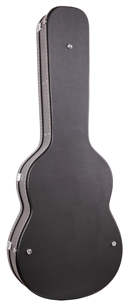The image shows a black hard case designed for acoustic guitars, featuring a classic figure-eight shape with an elongated neck. It has a textured exterior, chrome metal hardware including latches and corner protectors, and a rigid shell for maximum protection. This professional-grade case is built to safeguard guitars from impacts, temperature changes, and humidity during travel or storage.