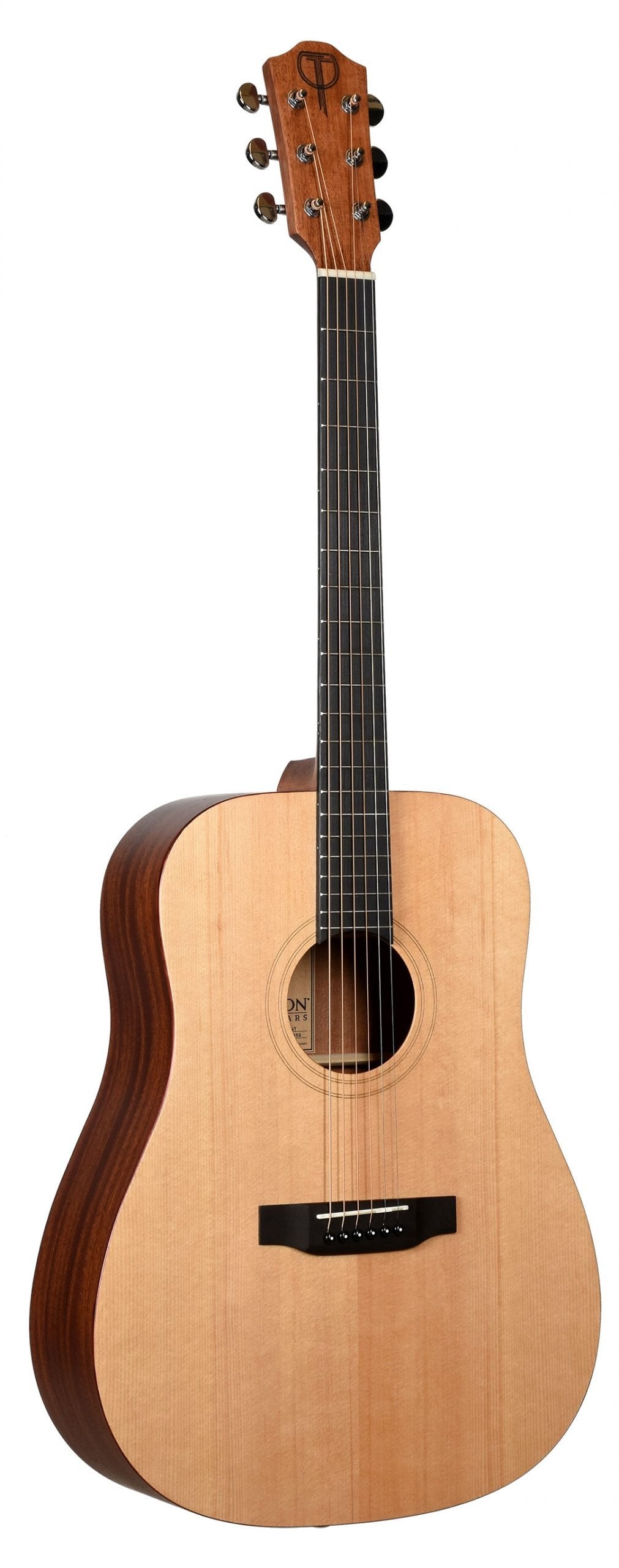 The image shows a steel-string acoustic guitar with a classic dreadnought body. It has a light natural wood top, darker wood back and sides, a dark fretboard with white position markers, six chrome tuning pegs, a circular sound hole with a visible logo, and a dark bridge. This two-tone design is both visually appealing and suited for various musical styles like folk, country, and rock.