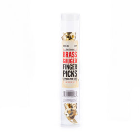 A clear plastic tube of brass fingerpicks on a white background