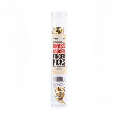 A clear plastic tube of brass fingerpicks on a white background