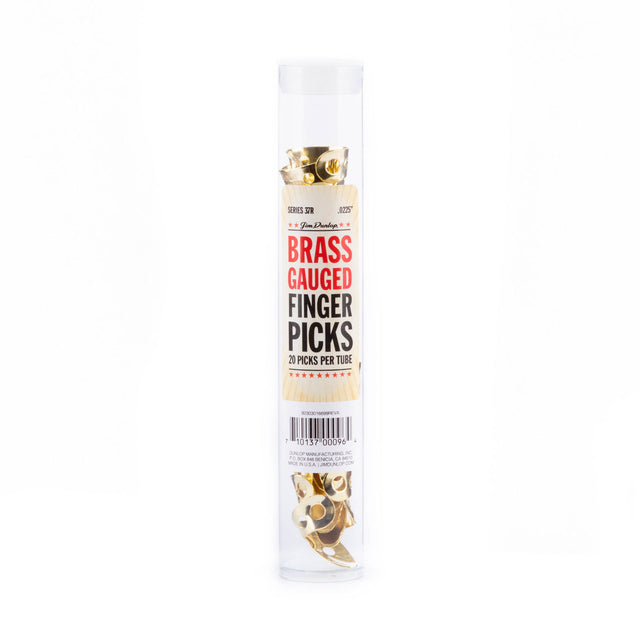 A clear plastic tube of brass fingerpicks on a white background