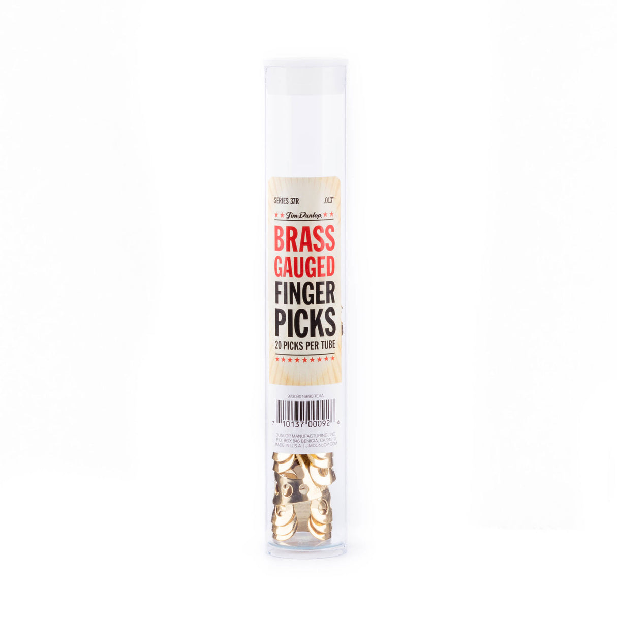 A clear plastic tube filled with brass fingerpicks on a white background