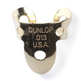 A 'Dunlop' branded brass guitar fingerpick on a white background