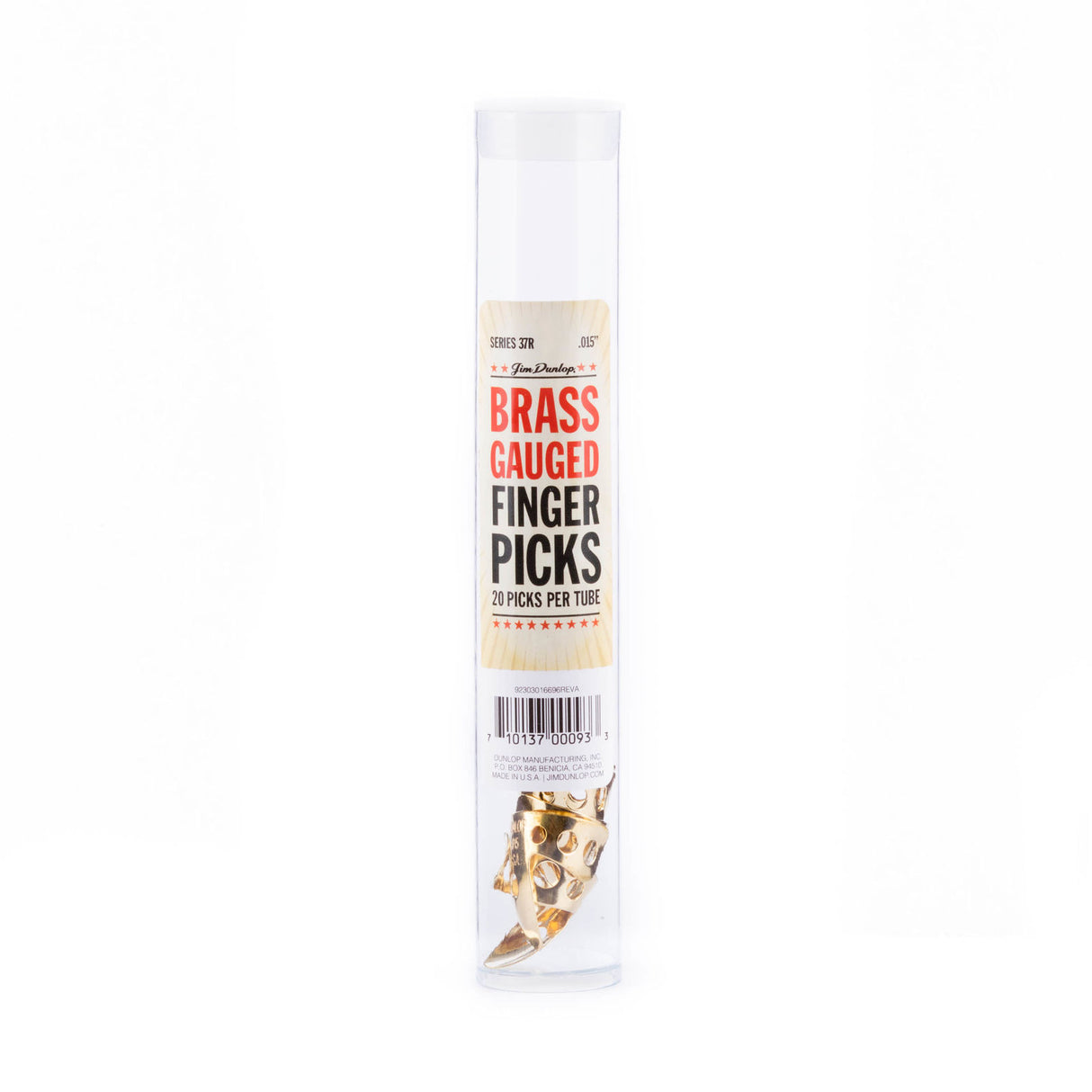 A clear plastic tube filled with brass guitar fingerpicks on a white background