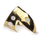 A 'Dunlop' branded brass guitar fingerpick on a white background