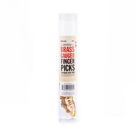 A plastic tube filled with brass guitar fingerpicks on a white background