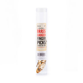 A plastic tube filled with brass guitar fingerpicks on a white background
