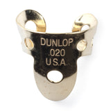 A 'Dunlop' branded brass guitar fingerpick on a white background
