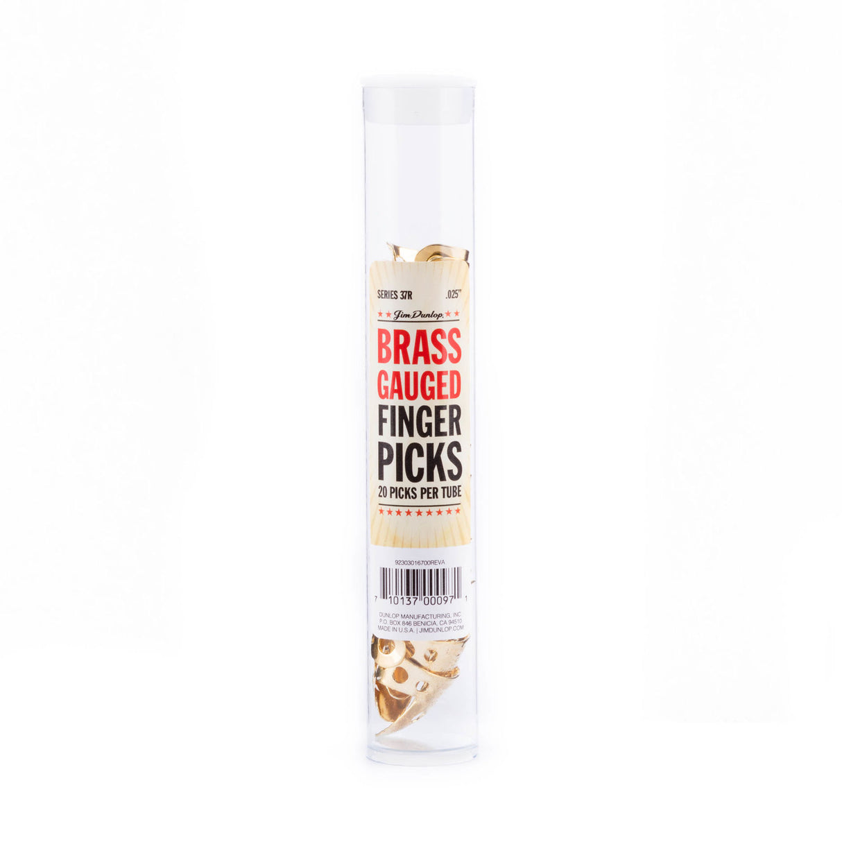 A plastic tube filled with brass fingerpicks for guitar on a white background