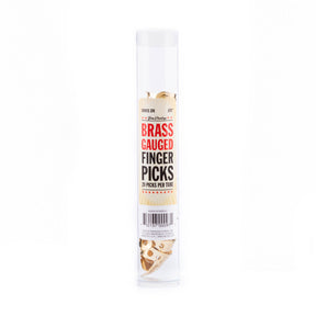 A plastic tube filled with brass fingerpicks for guitar on a white background
