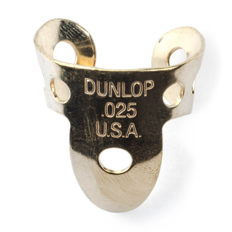 A 'Dunlop' branded brass guitar fingerpick on a white background
