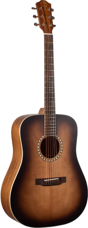 The image shows a dreadnought-style acoustic guitar with a sunburst finish, featuring a large rounded body and visible wood grain on the top. It has six steel strings, chrome tuning pegs, a decorative rosette, white binding, and a dark fretboard with dot markers. The guitar has traditional X-bracing and a standard bridge, making it suitable for various music styles and popular with both beginners and professionals.