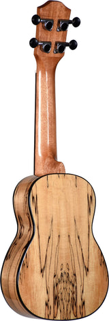 The image shows the back of a ukulele made from light-colored, figured wood with dark streaks and a glossy finish. It features a smooth neck, a small rounded body with a visible sound hole, and a headstock with four black geared tuning pegs in a 2x2 layout. The craftsmanship and wood quality suggest a mid to higher-end concert or tenor ukulele, highlighting its natural grain and polished appearance.