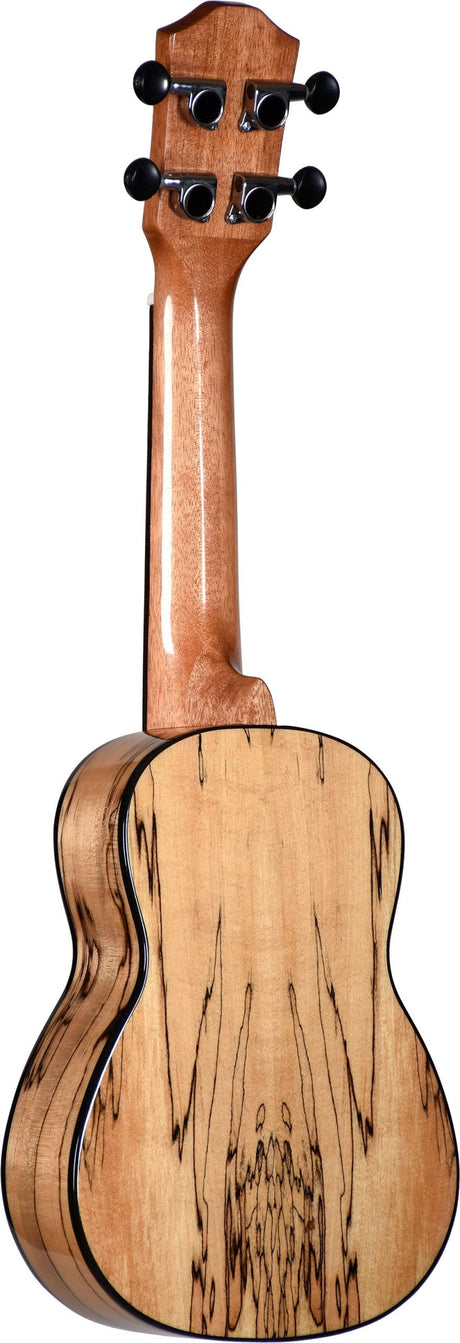 The image shows the back of a ukulele made from light-colored, figured wood with dark streaks and a glossy finish. It features a smooth neck, a small rounded body with a visible sound hole, and a headstock with four black geared tuning pegs in a 2x2 layout. The craftsmanship and wood quality suggest a mid to higher-end concert or tenor ukulele, highlighting its natural grain and polished appearance.