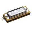 The image shows a Hofner brand diatonic harmonica with a chrome-plated cover and a golden/brass-colored comb. The "HOFNER" logo is embossed on the metal plate. It features visible Phillips head screws and a small ring attachment, likely for a lanyard. This 10-hole harmonica is commonly used in blues, folk, country, and rock music and is popular among beginners and professionals.