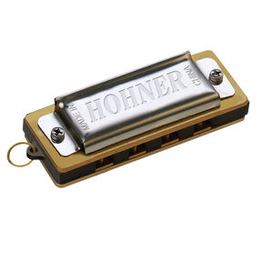 The image shows a Hofner brand diatonic harmonica with a chrome-plated cover and a golden/brass-colored comb. The "HOFNER" logo is embossed on the metal plate. It features visible Phillips head screws and a small ring attachment, likely for a lanyard. This 10-hole harmonica is commonly used in blues, folk, country, and rock music and is popular among beginners and professionals.