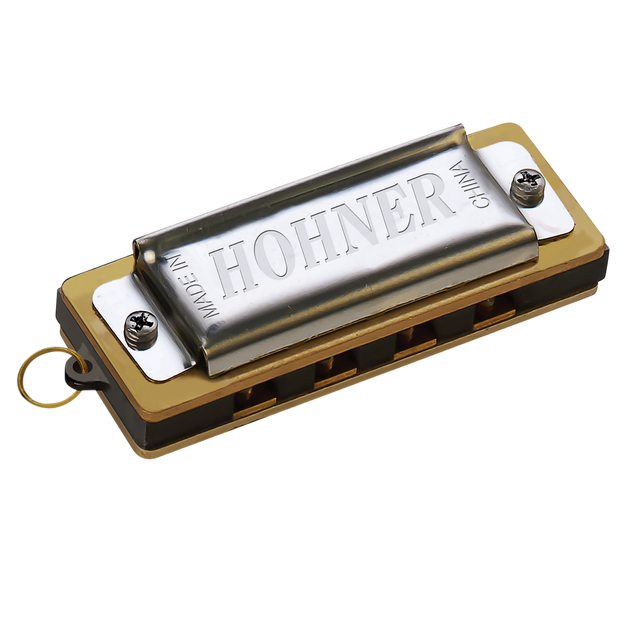 The image shows a Hofner brand diatonic harmonica with a chrome-plated cover and a golden/brass-colored comb. The "HOFNER" logo is embossed on the metal plate. It features visible Phillips head screws and a small ring attachment, likely for a lanyard. This 10-hole harmonica is commonly used in blues, folk, country, and rock music and is popular among beginners and professionals.