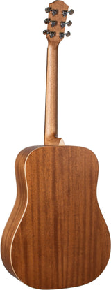 The image shows the back of a wooden acoustic guitar with a warm brown finish highlighting the natural grain. It has a dreadnought body shape, six tuning pegs in a 3+3 arrangement, clean binding along the edges, and a long neck. The smooth finish and craftsmanship suggest a quality instrument, likely made from mahogany or similar tonewood, suitable for various musical styles and ideal for student to intermediate players.