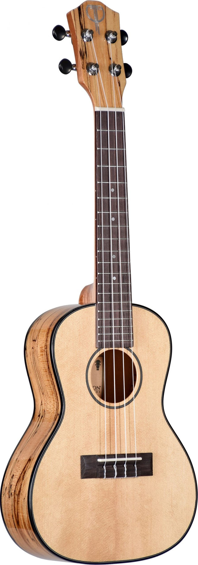 The image shows a beautiful four-string ukulele with a light spruce top and striking spalted maple back and sides. It has a dark rosewood or ebony fretboard with dot markers, four black tuning pegs, a branded headstock, a traditional sound hole with decorative rosette, and a dark wooden bridge. Its concert or tenor size and quality craftsmanship indicate a mid to high-end instrument.