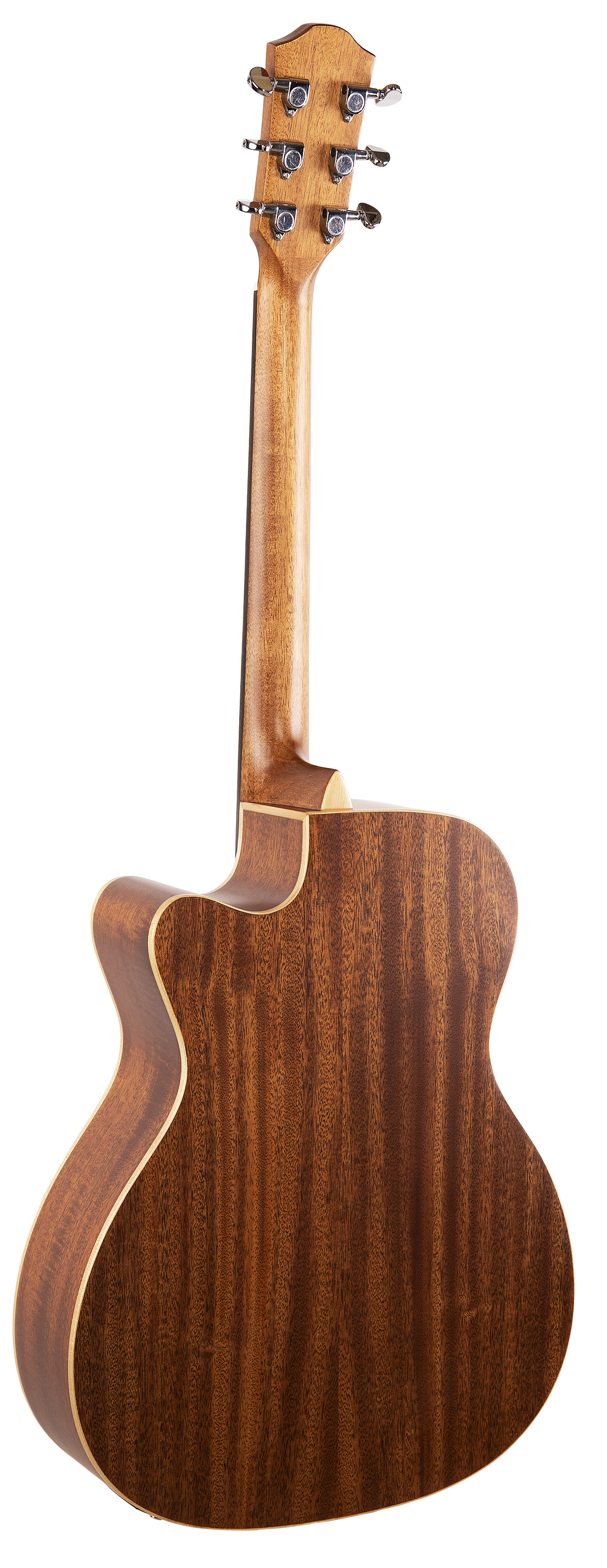 The image shows the back of an acoustic guitar with a curved body and cutaway design for easy fret access. It features rich brown wood with visible grain and lighter binding along the edges. The headstock has six chrome tuning pegs, three on each side, connected to a smooth wooden neck. This high-quality guitar may be an acoustic-electric model, combining classic tone with amplification capability.