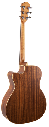The image shows the back of an acoustic guitar with a curved body and cutaway design for easy fret access. It features rich brown wood with visible grain and lighter binding along the edges. The headstock has six chrome tuning pegs, three on each side, connected to a smooth wooden neck. This high-quality guitar may be an acoustic-electric model, combining classic tone with amplification capability.