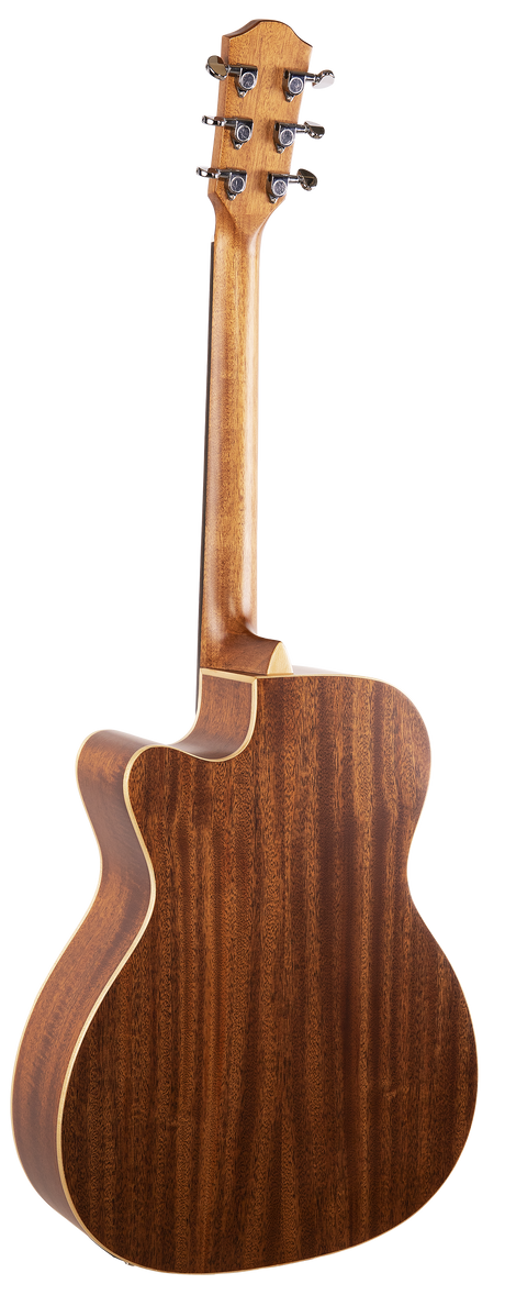 The image shows the back of an acoustic guitar with a curved body and cutaway design for easy fret access. It features rich brown wood with visible grain and lighter binding along the edges. The headstock has six chrome tuning pegs, three on each side, connected to a smooth wooden neck. This high-quality guitar may be an acoustic-electric model, combining classic tone with amplification capability.
