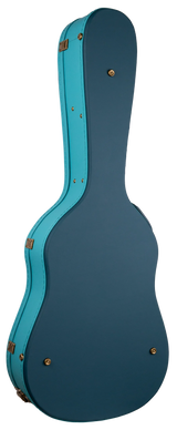 The image shows a hard guitar case with a two-tone teal/turquoise trim and darker blue-green body. It features a hard shell, multiple brass latches, ventilation grommets, sturdy hinges, and a classic acoustic guitar shape. Designed for professional-grade protection during transport and storage, the case combines durability with style, appealing to musicians seeking reliable and attractive gear protection.