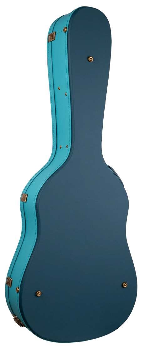 The image shows a hard guitar case with a two-tone teal/turquoise trim and darker blue-green body. It features a hard shell, multiple brass latches, ventilation grommets, sturdy hinges, and a classic acoustic guitar shape. Designed for professional-grade protection during transport and storage, the case combines durability with style, appealing to musicians seeking reliable and attractive gear protection.