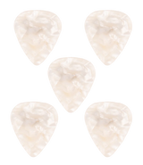 The image shows five pearlescent guitar picks arranged with four around the edges and one in the center. They have a creamy white, iridescent finish with natural swirls, resembling mother-of-pearl. These teardrop-shaped picks, used for plucking or strumming guitar strings, are valued for their aesthetic appeal and warm, smooth tone.