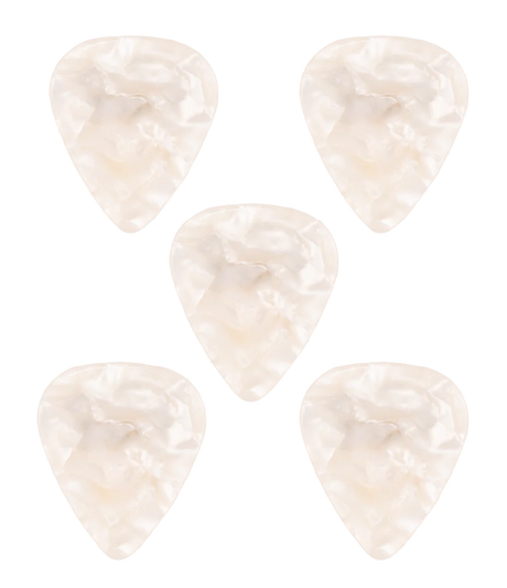 The image shows five pearlescent guitar picks arranged with four around the edges and one in the center. They have a creamy white, iridescent finish with natural swirls, resembling mother-of-pearl. These teardrop-shaped picks, used for plucking or strumming guitar strings, are valued for their aesthetic appeal and warm, smooth tone.