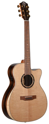 The image shows a beautiful acoustic guitar with a cutaway design for easy access to higher frets. It features a natural light wood top with visible grain, darker wood back and sides for contrast, six strings, gold/brass tuning pegs, a sound hole with a decorative rosette, a wooden bridge, bound body edges, and a fretboard with dot inlays. The guitar has a balanced, resonant tone suited for folk or singer-songwriter styles.