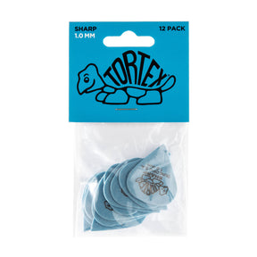 A package of blue 'Dunlop' branded guitar picks on a white background