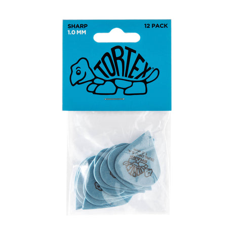 A package of blue 'Dunlop' branded guitar picks on a white background