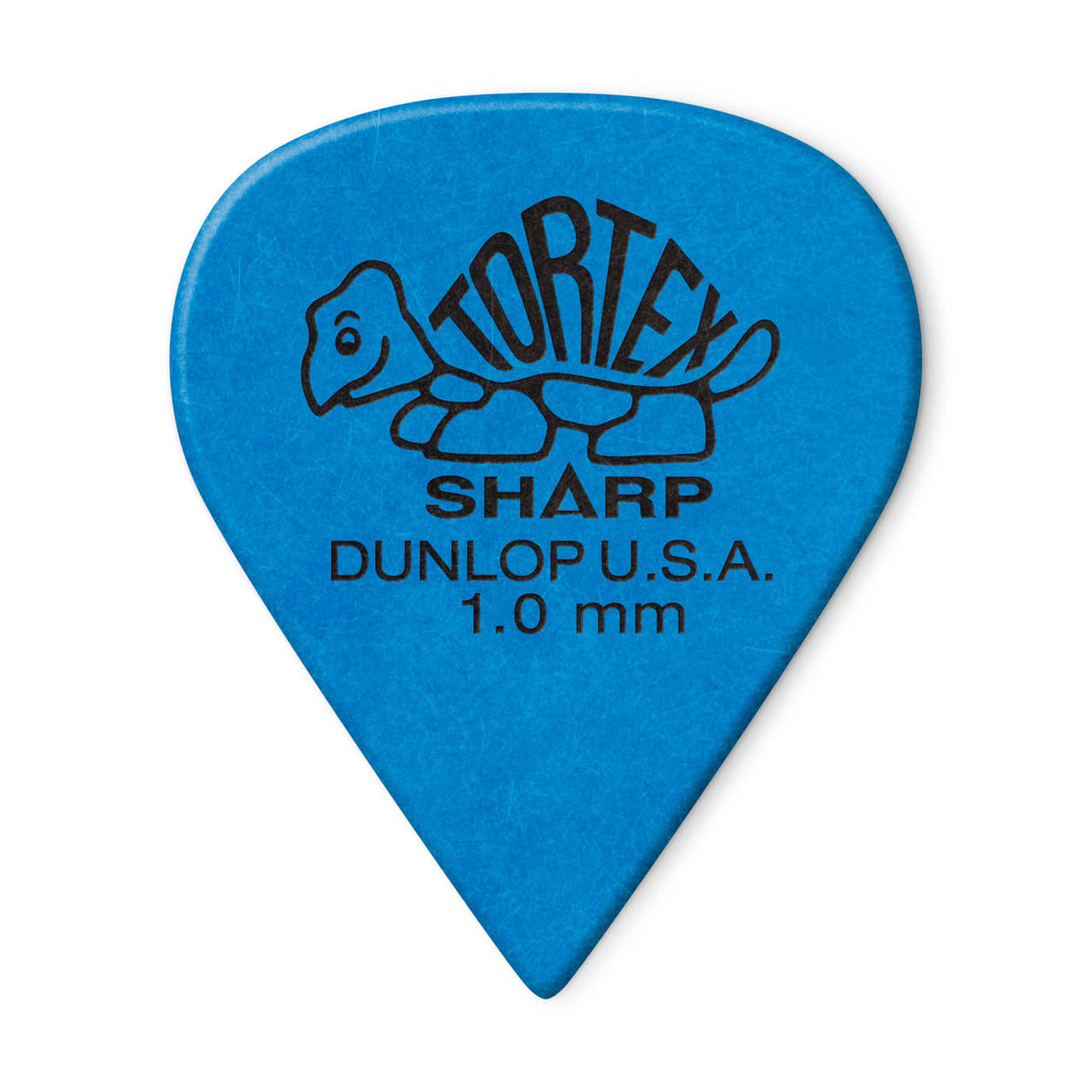 A blue 'Dunlop' branded guitar pick with a turtle design on a white background