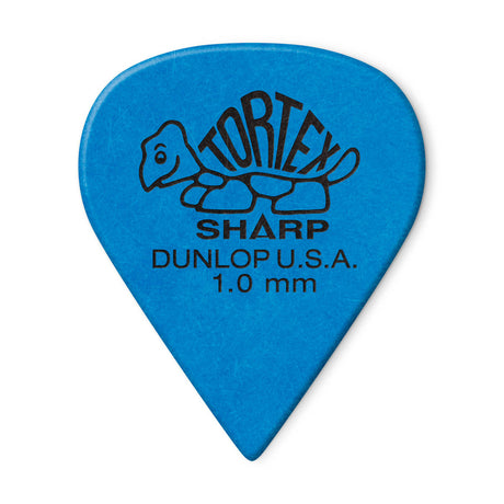 A blue 'Dunlop' branded guitar pick with a turtle design on a white background