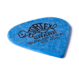 A blue 'Dunlop' branded guitar pick with a turtle design on a white background